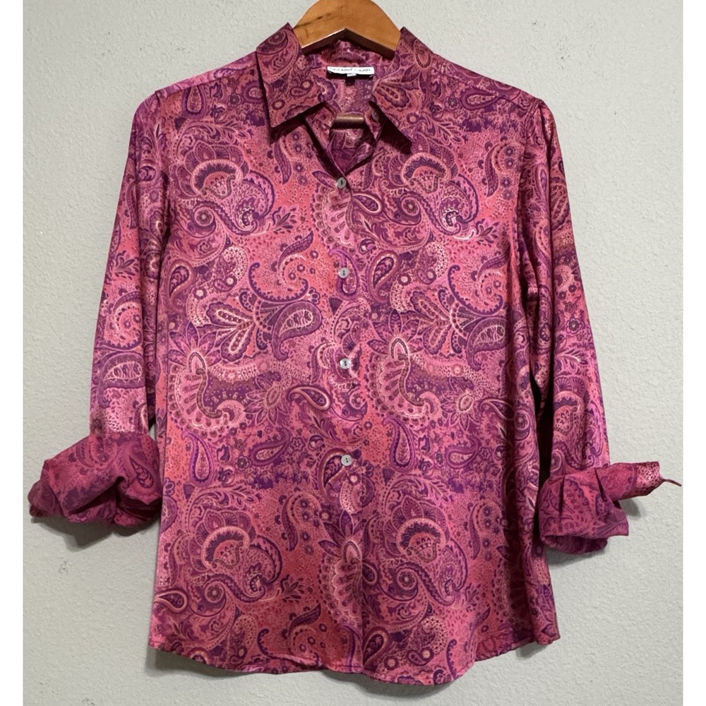 Gerard Darel 100% Silk Top Pink Paisley Button Up 44 / USA L Hippie Y2K Artsy